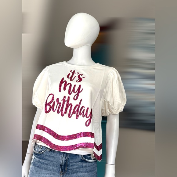 PEACH LOVE CALIFORNIA it’s my birthday puff sleeve top M L - Picture 6 of 8